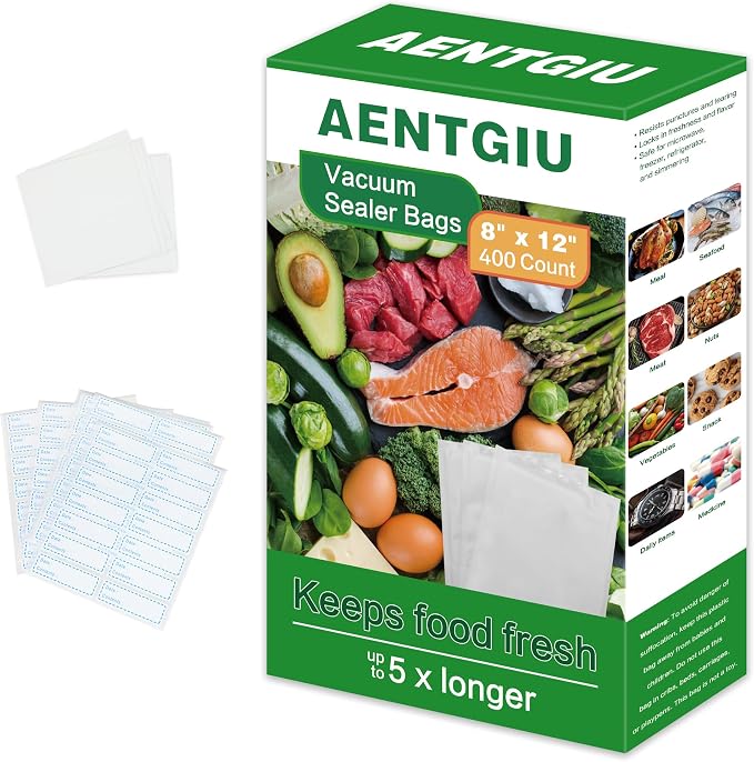 AENTGIU 400 Vacuum Sealer Storage Bags, 8x12 Inch Seal a Meal Bags | BPA Free Quart Bags, Compatible with All Heat Vacuum Sealer Machine, Heavy Duty, Ideal for vac storage,Meal Prep or Sous Vide