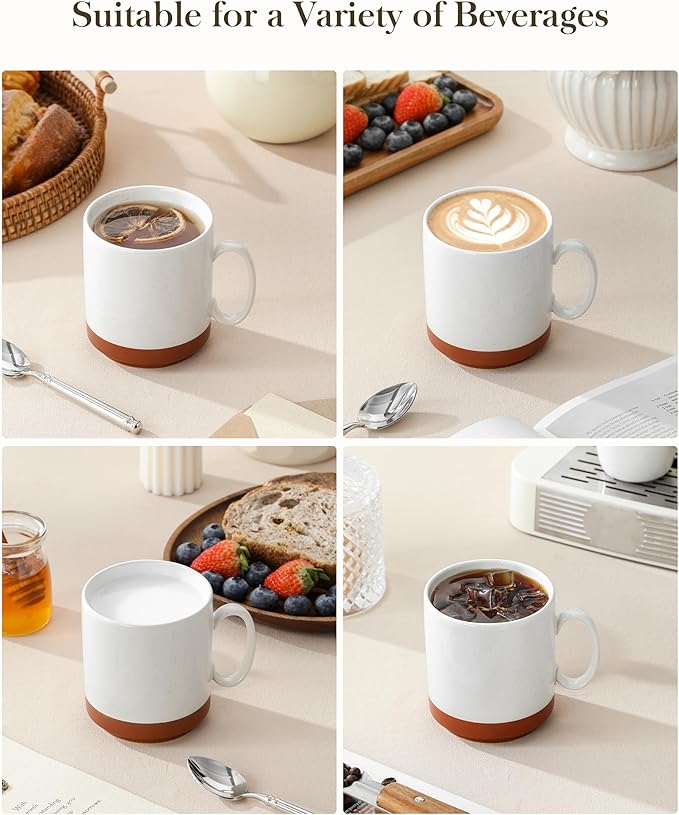 MALACASA 12oz Ceramic Coffee Mugs Set of 4, Stackable Coffee Cups with Straight-Sided Design, Mugs for Coffee, Latte, Tea, Hot Chocolate, Cappuccino and Cocoa, Microwave & Dishwasher Safe, Khaki White