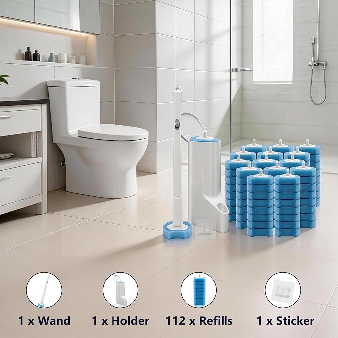 Disposable Toilet Brush, Toilet Bowl Cleaner Wand Kit with 112 Refills | Wall-mounted Toilet Scrubber Kit-16.81" ABS Handle Holder, 112 Sponge Brush Heads for House, Apartment, RV Bathroom Cleaning
