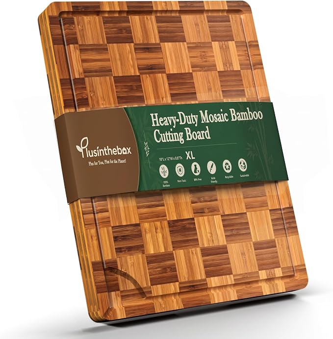 Bamboo Cutting Board 18" x 12", Heavy Duty Checkered End Grain Butcher Block for Kitchen with Deep Juice Grooves and Handles for Meat, Cheese, Charcuterie and Dough