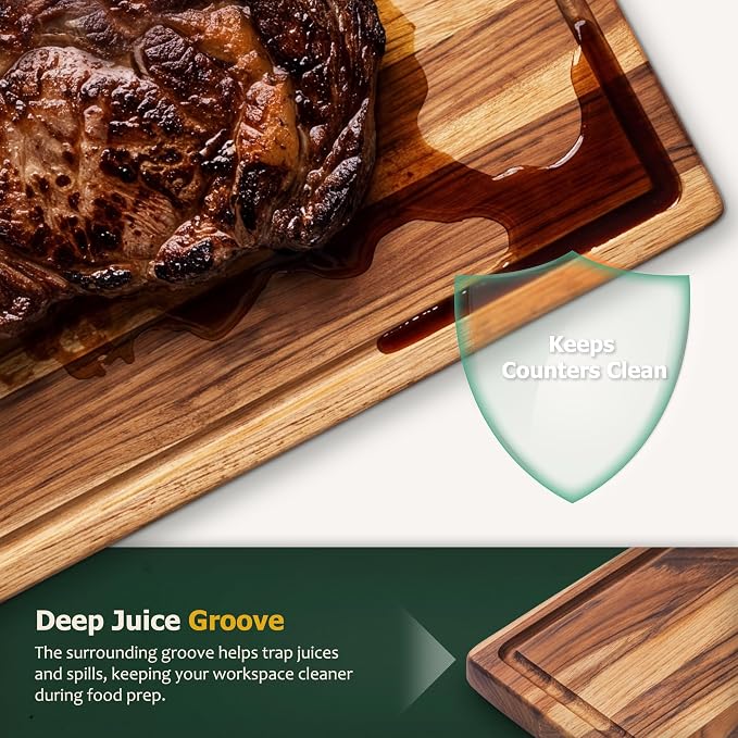Large Teak Wooden Cutting Boards for Kitchen, Solid Wood Cutting Board Set - Charcuterie & Chopping Butcher Block for Meat - Kitchen Gadgets Gift