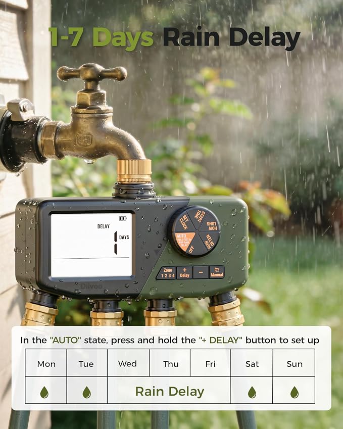 Diivoo 4 Zone Sprinkler Timer with Brass Inlet, IP68 Waterproof Water Timer,for Garden Hose with Large Display, Digital Control & Rain Delay & Manual Watering for Lawn, Yard