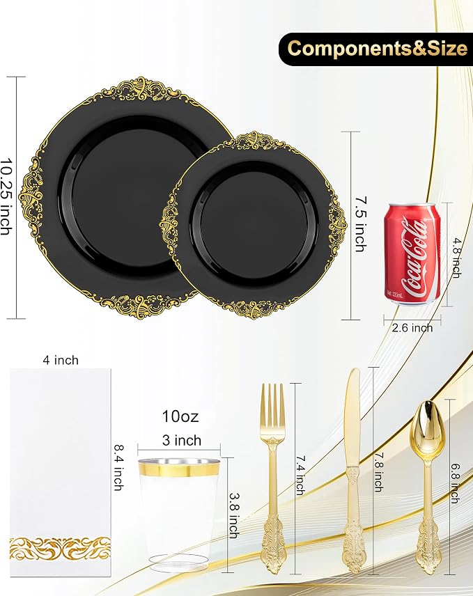 Nervure 350PCS Black Plastic Plates - Black Plastic Dinnerware Sets for 50 Guests - 100 Disposable Plates, 150 Gold Silverware, 50 Cups, 50 Napkins for Wedding & Party & Graduation & Retirement