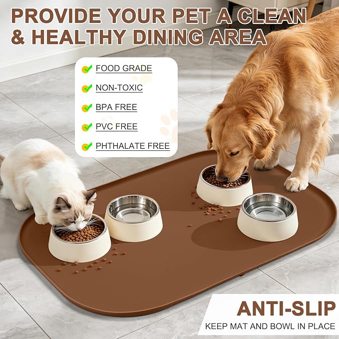 SMILOOL Waterproof Silicone Pet Food Mat with Raised Edge for Dog & Cat | 36" x 24" Non-Slip Large Pet Feeding Mats with Lip for Food & Water Bowl, Food Grade, Easy Cleaning, Brown