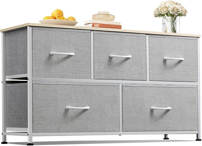 WLIVE Wide Dresser for Bedroom, 5 Drawer Chest of Drawers, Light Grey | 5 roomy fabric drawers, Wide storage design, Bedroom or closet use, Sturdy steel frame, Smooth wood tabletop