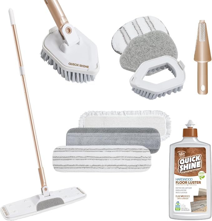 Quick Shine Ultimate Gold Clean + Polish Mop Kit, 10 Pc Set w/Interchangeable Attachments | Floor Luster Included | 2-in-1 Pro Cleaning w/ Microfiber Pads for Hardwood Floors | No Batteries Needed