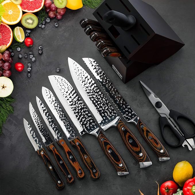 Kitchen Knife Set,15-Piece Knife Set With Block Wooden,Self Sharpening For Chef Knife Set,High Carbon Japan Stainless Steel Hammered Collection Knife Block Set with Steak Knives, Boxed Knife Set | Hammered Collection, High Carbon Japan Stainless Steel,...