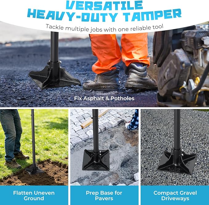BeBecome Hand Tamper Tool Landscaping, Heavy Duty 8x8 Steel Tamper with 58 Inch Long Handle, Dirt Soil Gravel Asphalt Compactor for Garden Lawn Yard Paver