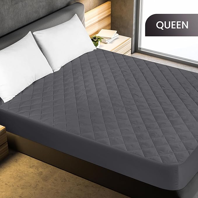 Quilted Fitted Mattress Pad, Queen Mattress Protector Topper with Deep Pocket Stretches up to 16 Inches, Machine Washable Mattress Cover by Utopia Bedding (Grey)