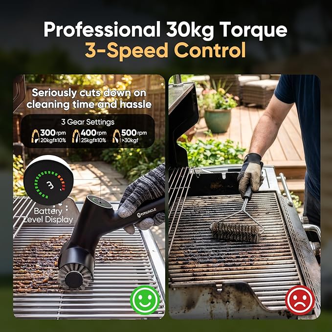 Electric Grill Brush for Outdoor Grill, BBQ Grill Cleaner Cleaning Brush with Stainless Steel Rotary Head, 500RPM Motorized, 3 Speed Modes, 120Mins Runtime, No Bristle Shedding, Gifts for Men/Dad