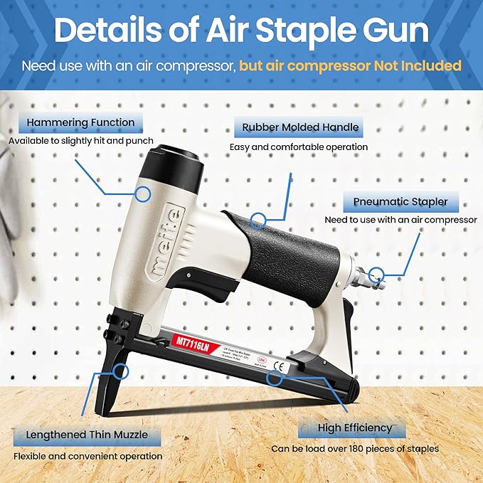 meite MT7116LN Pneumatic Upholstery Stapler 22 Gauge 71 Series 3/8" Crown 1/4" to 5/8" Length Long Nose Stapler