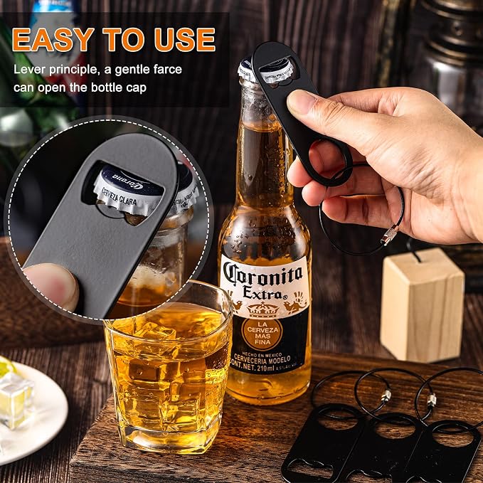 60 Pieces Stainless Steel Flat Bottle Opener Keychain Bulk 3.5 x 1.3 Inches Beer Bottle Opener Flat Cap with Keyring for Men Women Bartender Kitchen Bar Restaurant, Black
