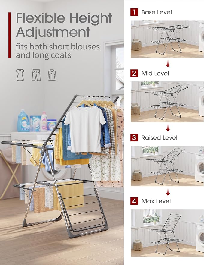 Sakugi Clothes Drying Rack, Foldable 2-Level Laundry Drying Rack with Height-Adjustable Wings, for Clothing & Bedding, Free-Standing Space-Saving Rack, Indoor & Outdoor, 55.5" L × 22.8" W, Gray