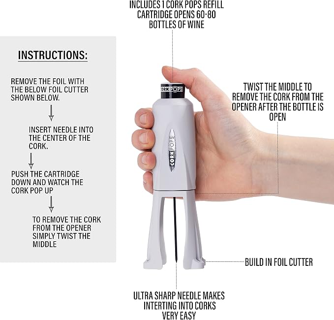 Cork Pops Legacy Wine Opener Built-in 4-Blade Foil Cutter Safe Cork Removal, Effortless Push Button Use, Needle Guard for Safety, Low-Pressure Cartridge Opens Up To 60 (Gray, With 3 Cartridges)