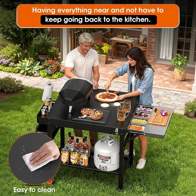 Pizza Oven Table for Ooni Pizza Ovens, Grill Cart Table with Topping Station, Pizzas Stands with Wheels, Expansive Countertop Pizzas Oven Accessories for Party Fits Blackstone Ninja Cuisinart Gozney