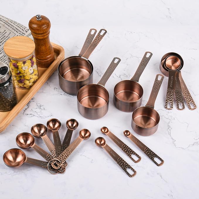 Copper Plated Measuring Cups and Spoons set 18 for Dry & Liquid, Metric & US Stainless Steel Measuring Cup and Spoon Set with Leveler for Baking & Kitchen