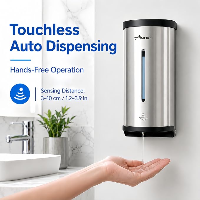 Automatic Wall-Mount Soap Dispenser, 800 mL Stainless Steel | Touchless 800 mL wall dispenser with viewing window, keyed lock and low-liquid indicator; requires 6 AA batteries.