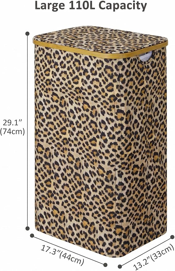 iEGrow Laundry Hamper with Lid, 110L Large Laundry Basket with Handle, Collapsible Clothes Basket Organizer with Removable Inner Bag for Clothes Towels - Leopard print