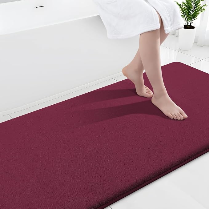 Smiry Memory Foam Bath Mat 59x24, Extra Soft and Absorbent Bathroom Mats, Non Slip Washable Carpet for Floor, Shower and Tub, Burgundy