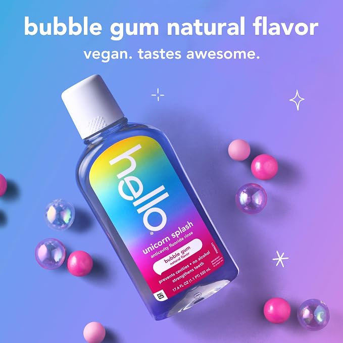 Hello Unicorn Sparkle Kids Toothpaste with Fluoride and Unicorn Splash Kids Mouthwash with Fluoride Bundle Pack, No Alcohol Formula, Natural Flavor Bubblegum Mouthwash and Toothpaste | Natural Bubble Gum Flavor, For Kids Ages 2 and Up, Two 4.2 oz Fluor...