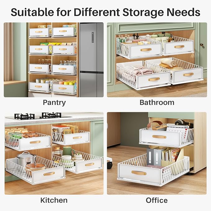 Pull out Cabinet Organizer,Heavy Duty Slide out Pantry Shelves Drawer Storage with Adhesive Nano Film,Sliding Mesh Cabinet Basket with Handle for Kitchen, Bathroom, Home, 15.8"W X 21"D X 6.2"H,White