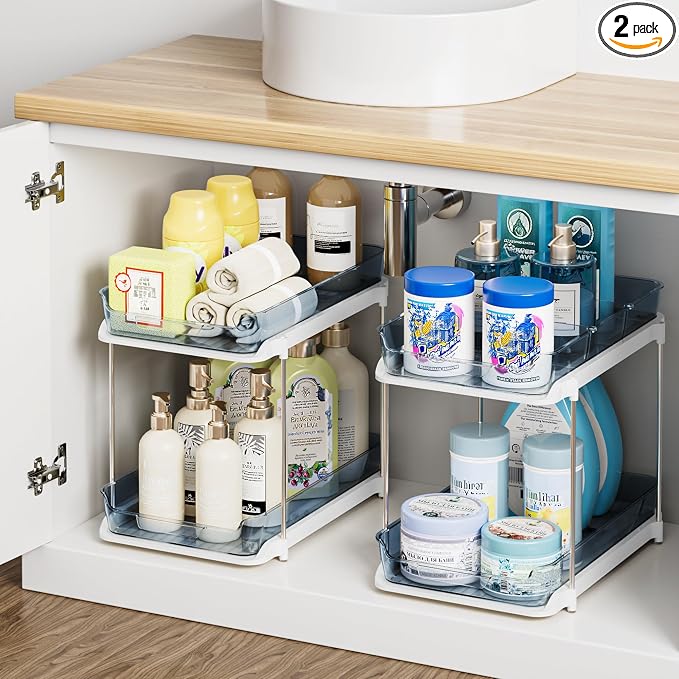 Delamu 2-Tier Multi-Purpose Bathroom Under Sink Organizers and Storage, Stackable Kitchen Pantry Organization, Pull Out Medicine Cabinet Organizer with Movable Dividers, Blue, 2 Pack