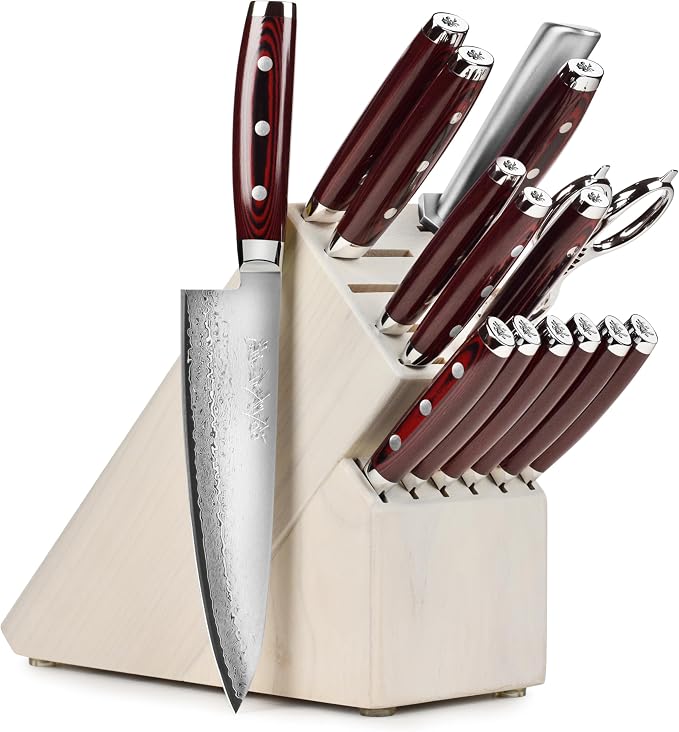 Yaxell Super Gou 16 Piece Knife Set - Made in Japan - 161 Layers SG2 Stainless Damascus, Gray Ash Block