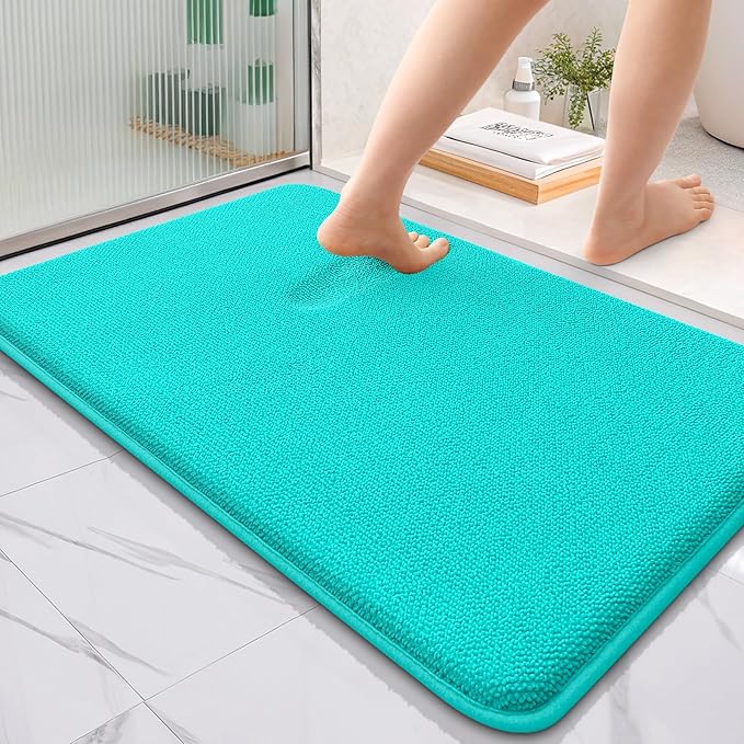 OLANLY Thick Memory Foam Bathroom Rugs 36x24, Soft Absorbent Bath Mat, Teal | Quick Dry Bath Mat Rugs, Non-Slip Mats, Machine Washable Carpet for Bathroom Floor, Tub and Shower, Home Decor Accessories