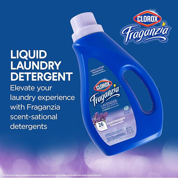 Clorox Fraganzia Liquid Laundry Detergent, Lavender with Eucalyptus Scent - HE Compatible for All Front and Top Load Washing Machines, Long-Lasting Fragrance, 26 Loads, 40 Fl Oz