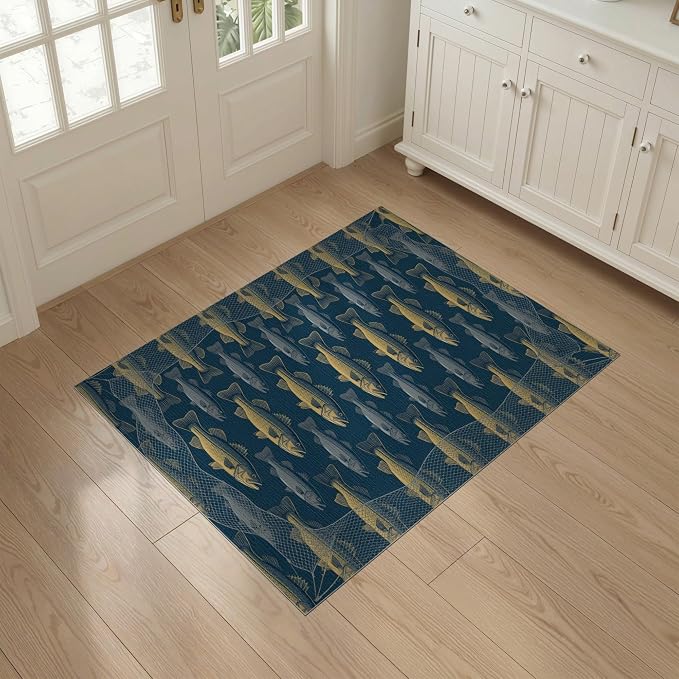 3'x5' Washable Area Rug Bass Repeating Lure Net Border Tackle Motif Angler Fish Fishing Refined Stain Resistant Flatwoven for Entryway, Kitchen, Mudroom