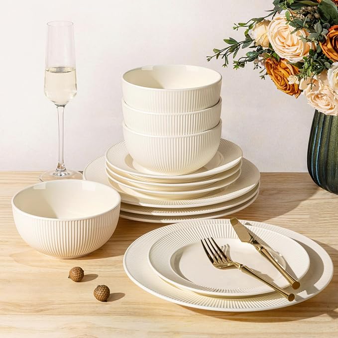 TheTerra Ceramic Dinnerware Sets for 4, 12 Pieces Porcelain Lightweight Plates and Bowls Sets, Scratch Resistant Dish Set, Oven, Microwave & Dishwasher Safe, Ivory