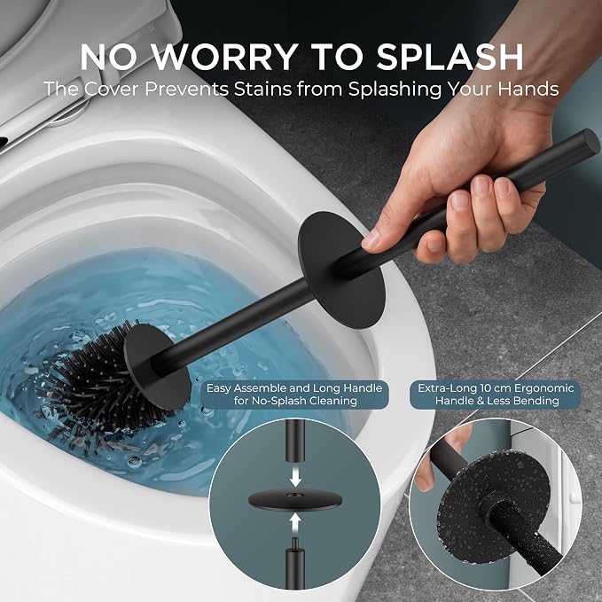 FORIOUS Tall Toilet Brush and Holder Set, Heavy Duty 304 Stainless Steel Base Square and Long Handle for Bathroom Deep Cleaning, Drip-Proof, Space Saving for Storage, 2 Toilet Bowl Brush Head, Black