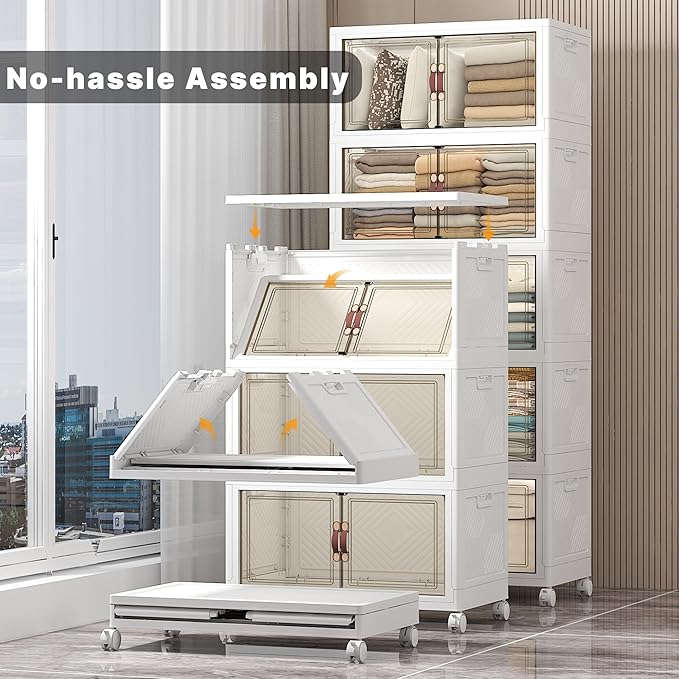 Stackable Storage Bins, 560QT Collapsible Drawers with 1 Lid | Large Capacity, Magnetic Door, Stack Lock, Rolling Wheels, Foldable Design, Organizers and Storage for Bedroom Dorm Garage