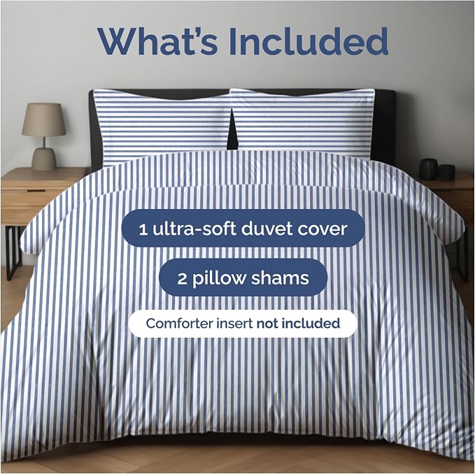 Duvet Cover Full Size Set - Extra Soft Full Duvet Cover 80" x 90" with 2 Pillow Shams for Women, Men, Kids & Teens - Hotel Luxury w/ Zipper Closures & Ties - Comfy, Cozy & Breathable (Blue Stripes)