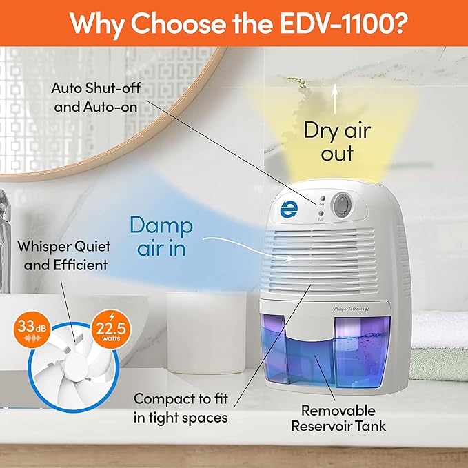 Eva-Dry EDV-1100 Whisper-quiet 16 OZ Dehumidifier with Auto Shut Off and Restart for small spaces in your Home, RV, Automobile, and Storage up to 122 sq. ft