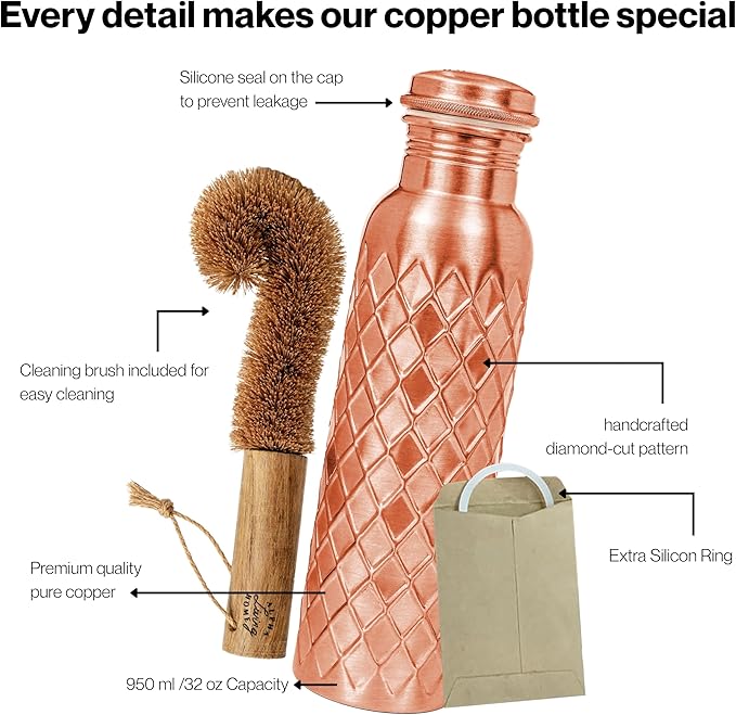 Copper Water Bottle 32 Oz Extra Large, Pure Copper Bottle for Drinking Water, Diamond Ayurvedic Drinking Bottle, Leak Proof Vessel, Cleaning Brush, Daily Hydration for Home Travel