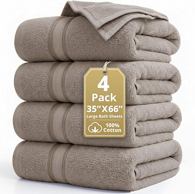 LANE LINEN Extra Large Bath Towels - Zero Twist - Set of 4 Pack (35" x 66" Cotton Towels - Zero Twist Cotton for Long-Lasting fluffiness Always Prepared for Overnight Guests - Platinum