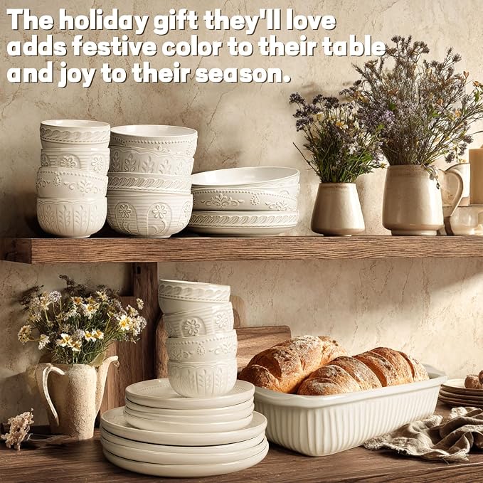 Artena Pasta Bowls, 50oz Large Salad Serving Bowls, 9.75'' Plates Bowls Set of 4, Big White Ceramic Soup Bowls for Kitchen, Embossment Shallow Dinner Bowl, Microwave Dishwasher Safe, Multiple Patterns