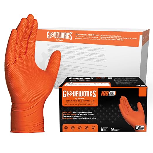 GLOVEWORKS Orange Nitrile Work Gloves, 8 Mil Disposable Heavy Duty, Raised Diamond Grip Mechanic Glove, Small, Case of 1000