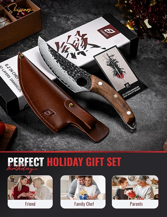Damascus Chef Knife, 67-Layer Damascus Steel Kitchen Knife with Black Hammered Finish, Japanese Knives for Home, Outdoor Cooking, BBQ, Include Gift Box, 6.3 Inch