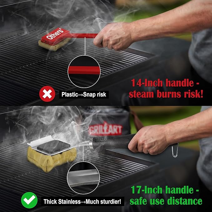 GRILLART Grill Brush Bristle Free Safe Steam Cleaning Tool, Replaceable Head for Any Grate Type - 17” Long Handle w/One-Fit-All Scraper - BBQ Accessories Cleaner for Outdoor Grill - Gifts for Men/Dad
