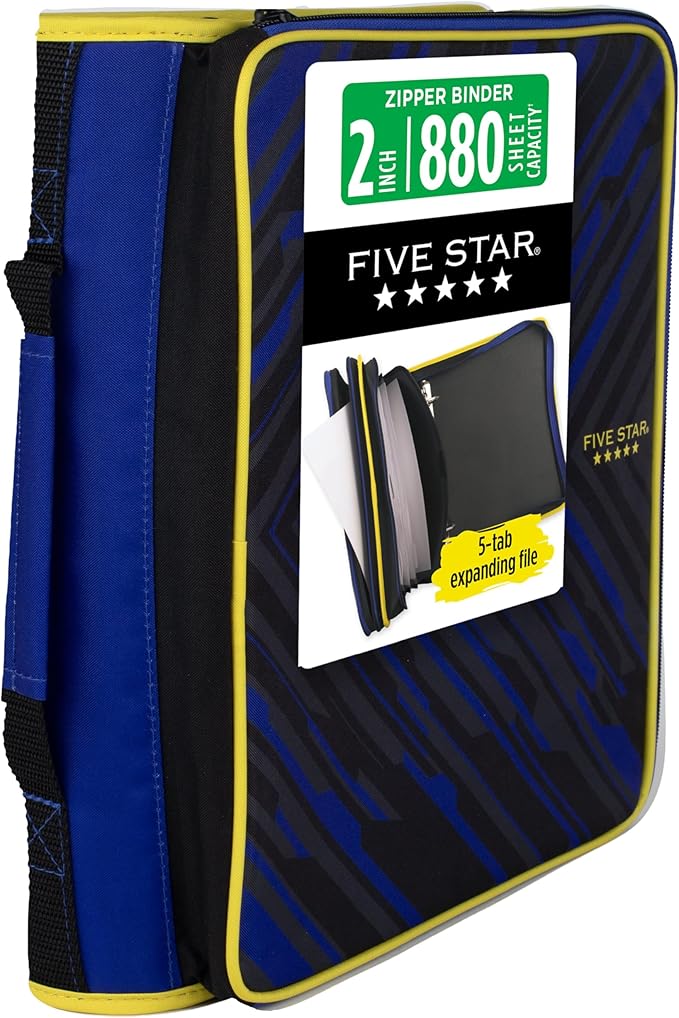 Five Star Zipper Binder 2 Inch O-Rings Case Organiser with Multi-Access and 5-Tab Expanding File Folder, 850 Sheet Capacity, Cosmic Blast (290010M)