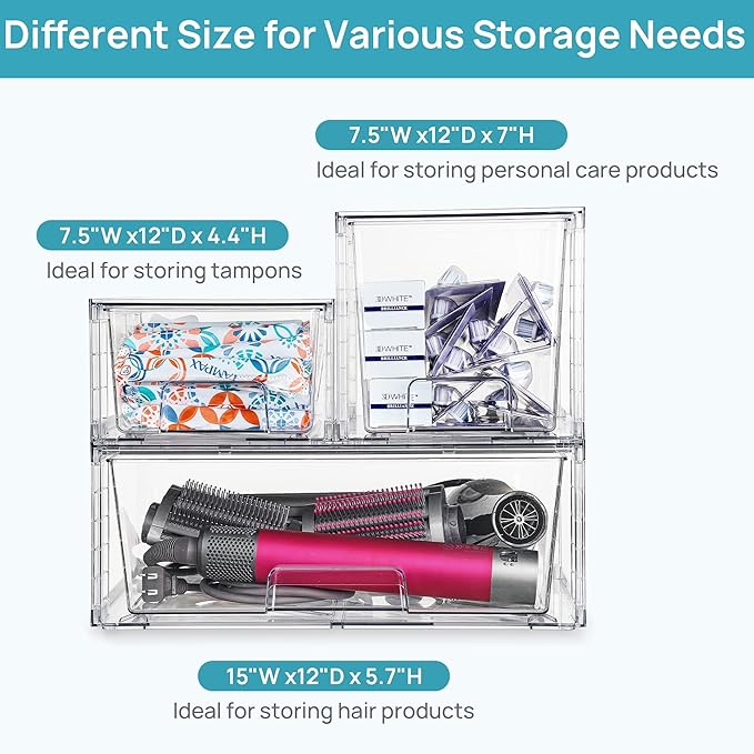 Vtopmart 7 Pack Stackable Storage Drawers, Easily Assemble Clear Plastic Organizer Bins, Storage Drawer Set for Pantry and Kitchen Cabinet Organization, Bathroom or Closet Storage