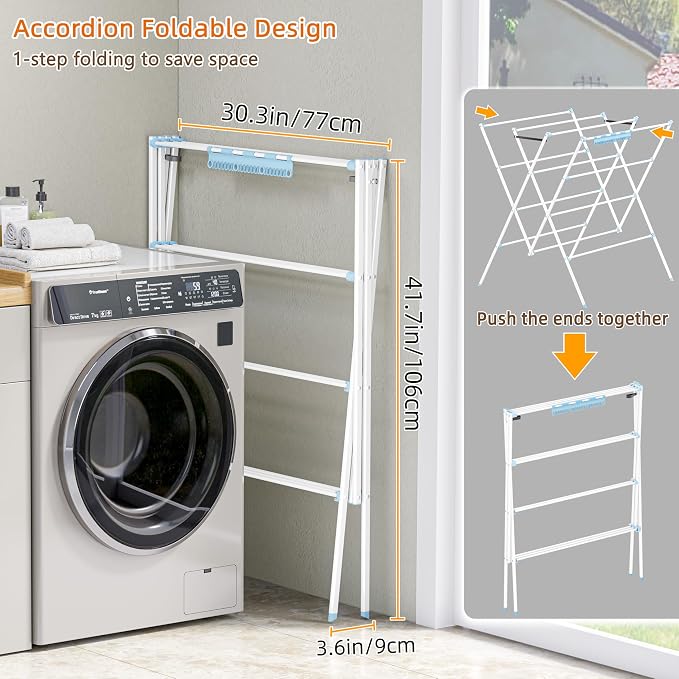 HOMIDEC Drying Rack Clothing,Large 12 Drying Poles with Sock Clips Clothes Drying Rack,Foldable Portable Laundry Drying Rack for Air Drying Clothing,Towels,Delicate Eac,Indoor Outdoor Use.White&Blue