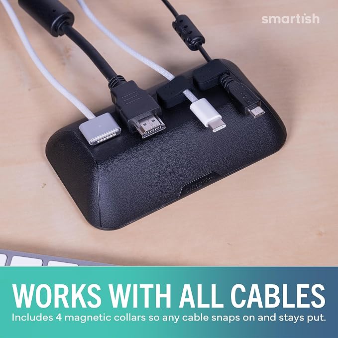 Smartish® Magnetic Cord Holder - Bigger Cable Wrangler Organizer with Magnet Clips for Charger Management on Desktop, Nightstand - Holds 6+ Cables - Black Tie Affair