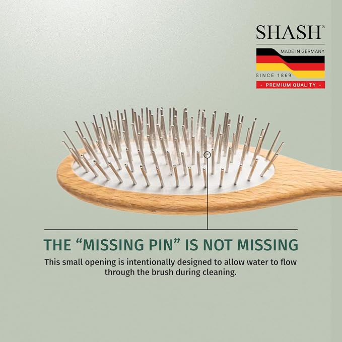 Since 1869 Hand Made In Germany - SHASH Oval Pet Brush With Long Metal Pins With Rubber Cushion - Helps Detangle Knots, Eliminate Frizz, Reduce Pulling & Snagging (Short Steel Pins)