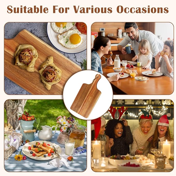 12 Packs Acacia Wood Cutting Board,12 x 6 Inch Plain Chopping Board with Handles Serving Board Wooden Kitchen Cutting Board Bulk with Rope and Plaid Ribbon for Vegetables Meat Pizza Cheese Fruit Bread