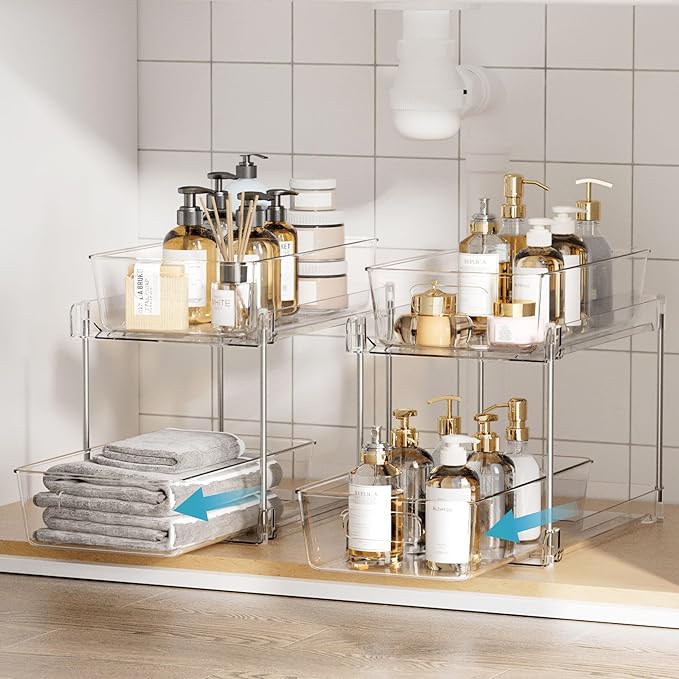 Vtopmart 4 Pack Bathroom Under Sink Organizers Organizer, 2 Tier Clear Pull-Out Organization (S-Standard)