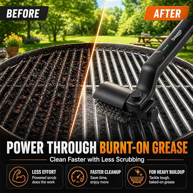 Electric Grill Brush for Outdoor Grill, BBQ Grill Cleaner with 2 Brush Heads, 3-Speed Cordless Rotary Brush, Adjustable Angle, 150-Min Runtime, Grill Cleaning Tool for Barbecue Grates