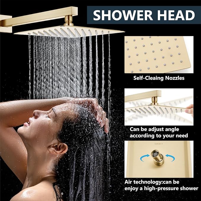 Aolemi Shower Faucet Set Rain Shower System with Handheld Spray Bathroom Shower Combo Rough-in Valve and Shower Trim Kit Included Brushed Gold 12 Inch Wall Mount Shower Head